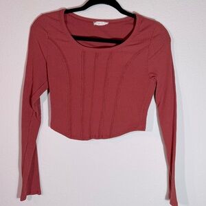 Altar’d State Long Sleeve Cropped Corset Stitch Top Red / Burnt Orange